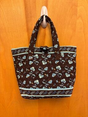 Vera Bradley Brown Quilted small Tote with Light Blue Floral Print.